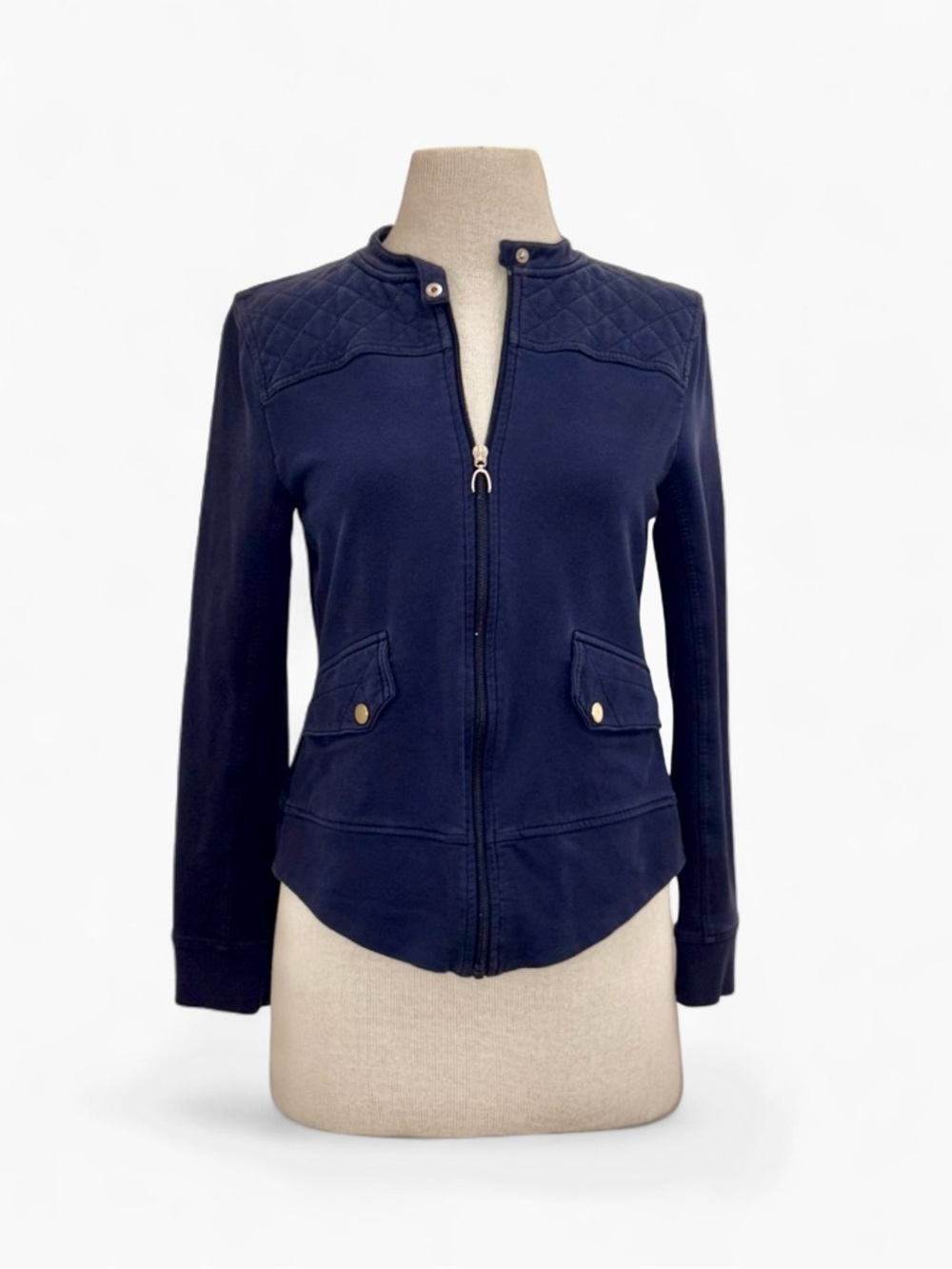 Vintage Ralph Lauren Navy Knit Quilted Shoulder Zip Moto Jacket Sz S/M Nautical